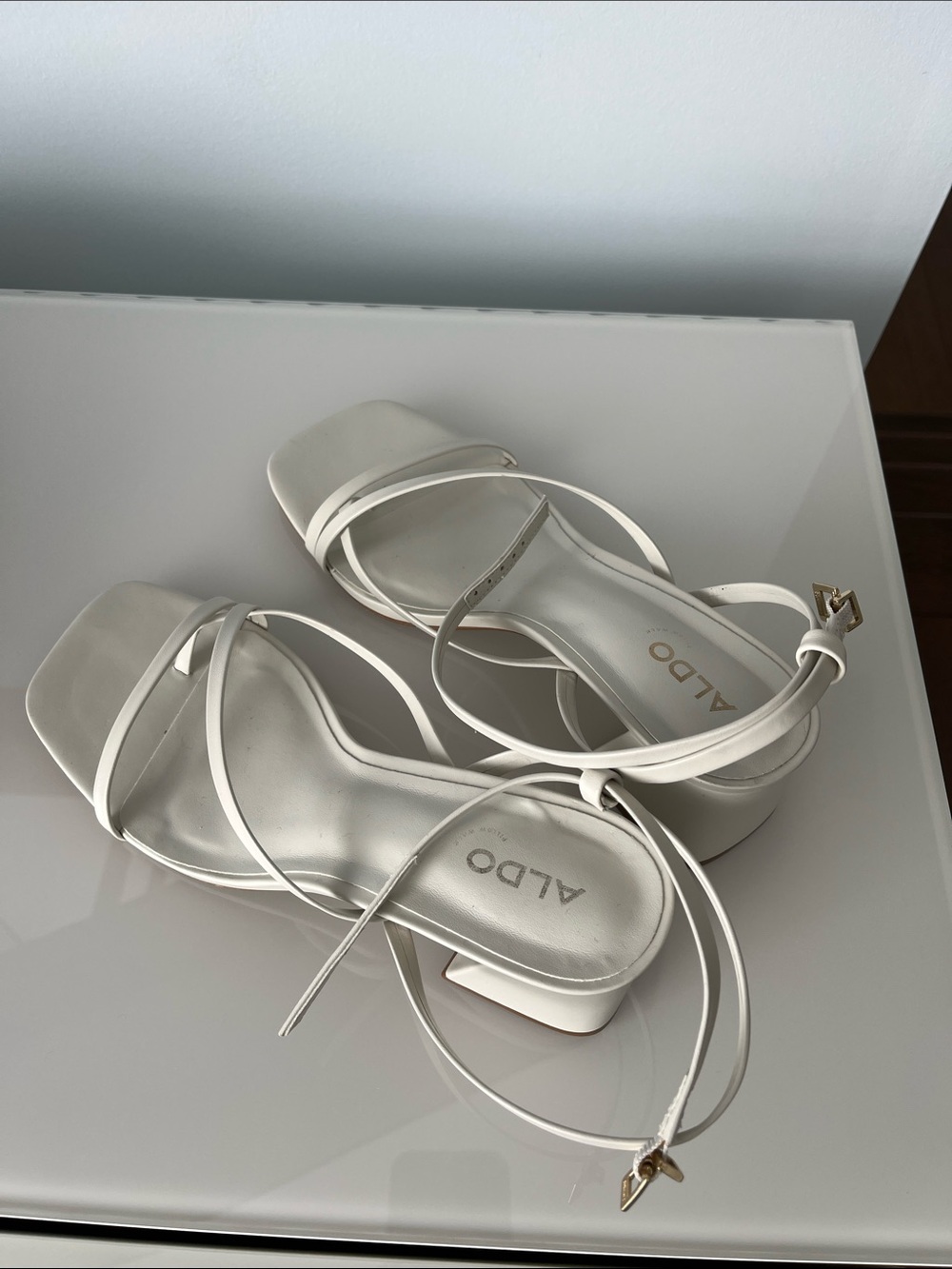Aldo White Strappy Square-Toe Block Heel Sandals